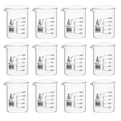 Eisco 12PK Beakers, 150ml - Griffin Style, Low Form with Spout - White, 25ml Graduations BK0106