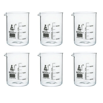 Eisco 6PK Beakers, 800ml - Griffin Style, Low Form with Spout - White, 100ml Graduations BK0111