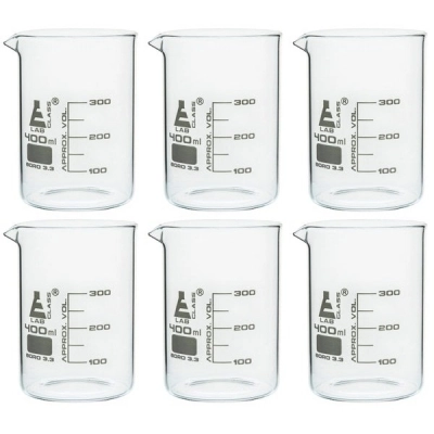 Eisco 6PK Beakers, 400ml - Griffin Style, Low Form with Spout - White, 50ml Graduations BK0108