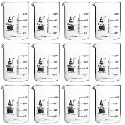 Eisco 12PK Beakers, 250ml - Griffin Style, Low Form with Spout - White, 50ml Graduations BK0107