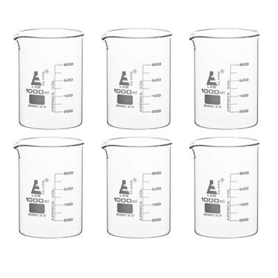 Eisco 6PK Beakers, 1000mL - Low Form - 100mL Graduations - Borosilicate Glass BK0112