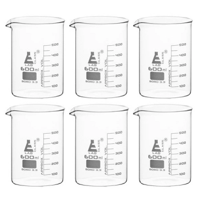 Eisco 6PK Beaker, 600ml - Low Form with Spout - White, 50ml Graduations - Borosilicate BK0110