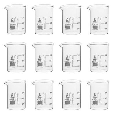 Eisco 12PK Beakers, 100ml - Griffin Style, Low Form with Spout - White, 25ml Graduations BK0105