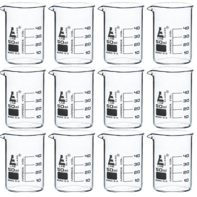 Eisco 12PK Beaker, 50ml - Low Form with Spout - White, 10ml Graduations - Borosilicate Glass BK0104