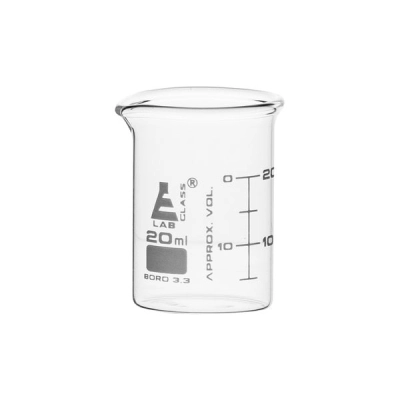 Eisco Beaker, 20mL - ASTM - Low Form with Spout - Dual Scale, White Graduations CH0124A20