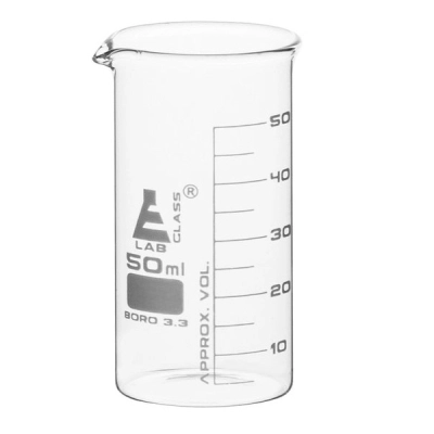 Eisco Beaker, 50ml - Tall Form - White Graduations - Borosilicate Glass CH0127B