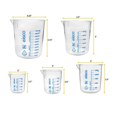 Eisco 5pc Beaker Set, TPX Plastic - 50, 100, 250, 600 and 1000 Screen Printed - Eisco Labs CH0138PRSET