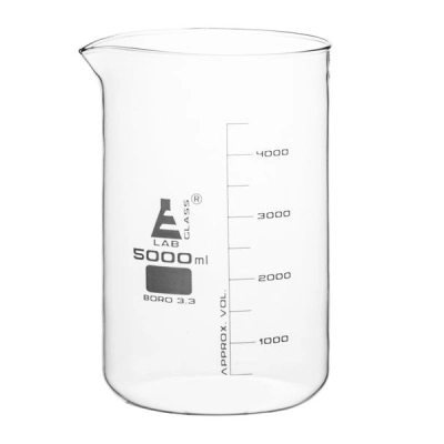 Eisco Beaker, 5000ml - Borosilicate Glass, Low Form - White Graduations - 500ml Graduations CH0126N