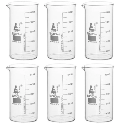 Eisco 6PK Beakers, 500ml - Tall Form - White Graduations - Borosilicate Glass CH0127GPK6