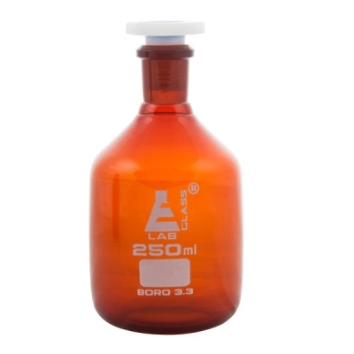 Eisco Labs 250ml Amber Reagent Bottle, Narrow Mouth with Acid Proof Stopper, Size 19/26 CH0161D