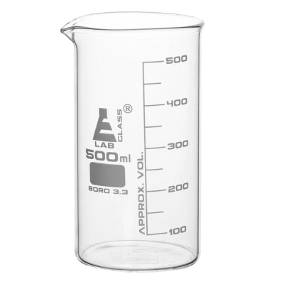 Eisco Beaker, 500ml - Tall Form - White Graduations - Borosilicate Glass CH0127G