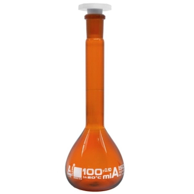 Eisco Volumetric Flask, 100ml - Class A - 14/23 Polypropylene Stopper, Amber - Eisco Labs CH0451E