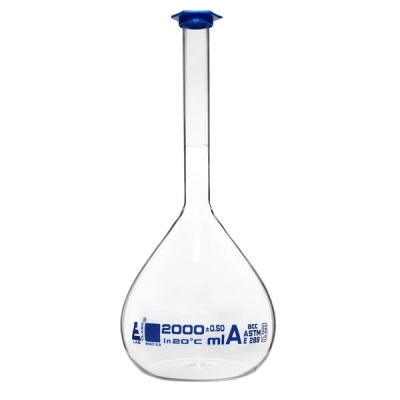 Eisco Volumetric Flask, 2000ml ASTM, Class A &plusmn;0.50 ml - Blue Snap Cap - Single - Eisco Labs CH0443G