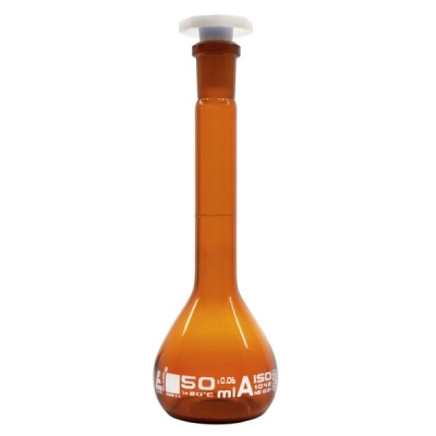 Eisco Volumetric Flask, 50ml - Class A - 12/21 Polypropylene Stopper, Amber - Eisco Labs CH0451D