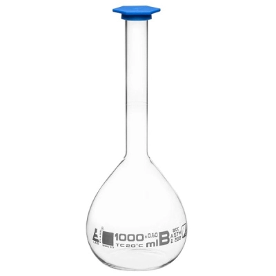 Eisco Volumetric Flask, 1000ml Class B, ASTM - Snap Cap, Tolerance &plusmn;0.600ml - Eisco Labs CH0444FWT