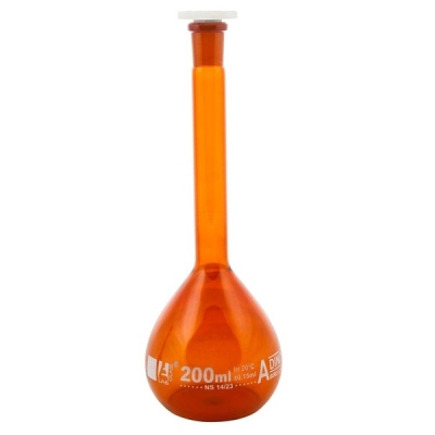 Eisco Volumetric Flask, 200ml - Class A - 14/23 Polypropylene Stopper, Amber - Eisco Labs CH0451F