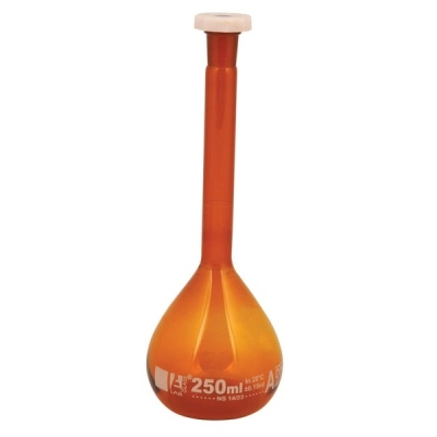 Eisco Volumetric Flask, 250ml - Class A - 14/23 Polypropylene Stopper, Amber - Eisco Labs CH0451G