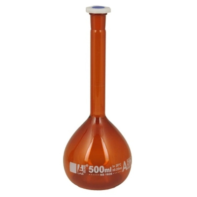 Eisco Volumetric Flask, 500ml - Class A - 19/26 Polypropylene Stopper, Amber - Eisco Labs CH0451H