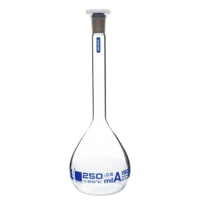 Eisco Volumetric Flask, 250mL - ASTM, Class A - Polypropylene Stopper - Blue Graduation CH0445E