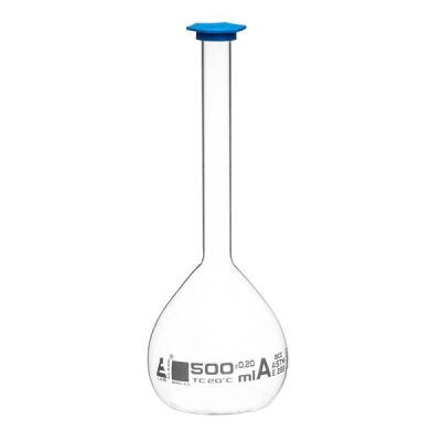 Eisco Volumetric Flask, 500ml - Class A, ASTM - Blue Snap Cap - Single - Eisco Labs CH0443EWT