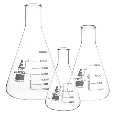 Eisco Erlenmeyer Flasks Set, 3 Pieces - 500ml, 1000ml and 2000ml Borosilicate - Eisco Labs CH0424LGSET