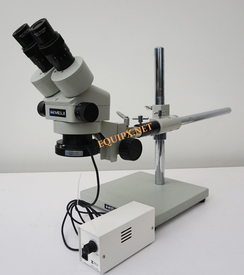 Meiji EMZ10 stereo microscope with 10x eyepieces, boom stand,  and LED illuminator (4871)