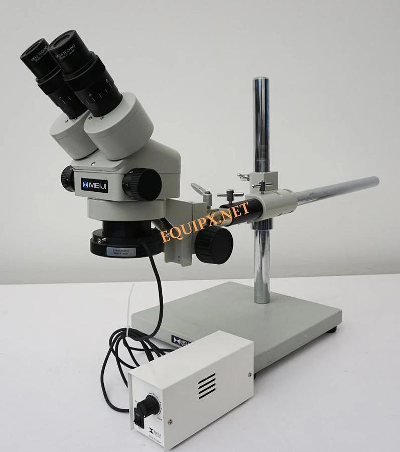 Meiji EMZ10 stereo microscope with 10x eyepieces, boom stand, and