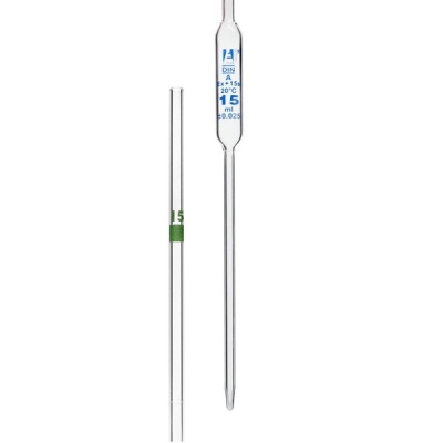 Eisco Volumetric Pipette, 15mL - Class A Green Coded - Blue Graduation - Borosilicate Glass CH0559E