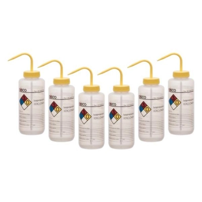 Eisco 6PK Performance Plastic Wash Bottle, Isopropanol, 1000 ml - Labeled (4 Color) CHWB1033PK6