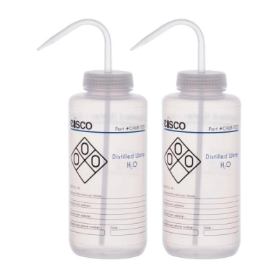 Eisco 2PK Performance Plastic Wash Bottle, Distilled Water, 1000 ml - Labeled (2 Color) CHWB1023PK2