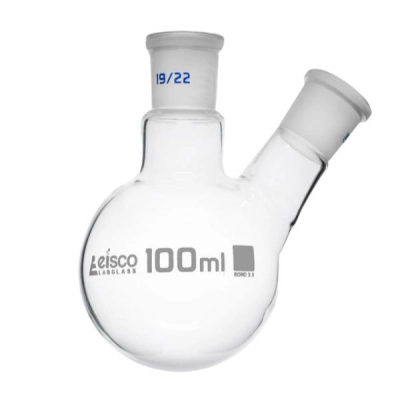 Eisco Boiling Flask with 2 Necks, 100mL - Round Bottom - 19/22 Sockets - Borosilicate Glass CH2555