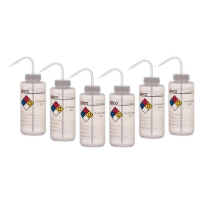 Eisco 6PK Performance Plastic Wash Bottle, Distilled Water, 1000 ml - Labeled (4 Color) CHWB1024PK6