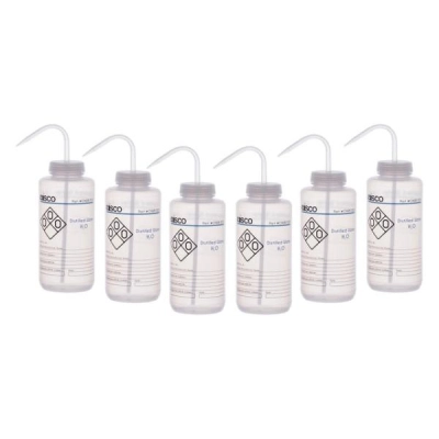 Eisco 6PK Performance Plastic Wash Bottle, Distilled Water, 1000 ml - Labeled (2 Color) CHWB1023PK6