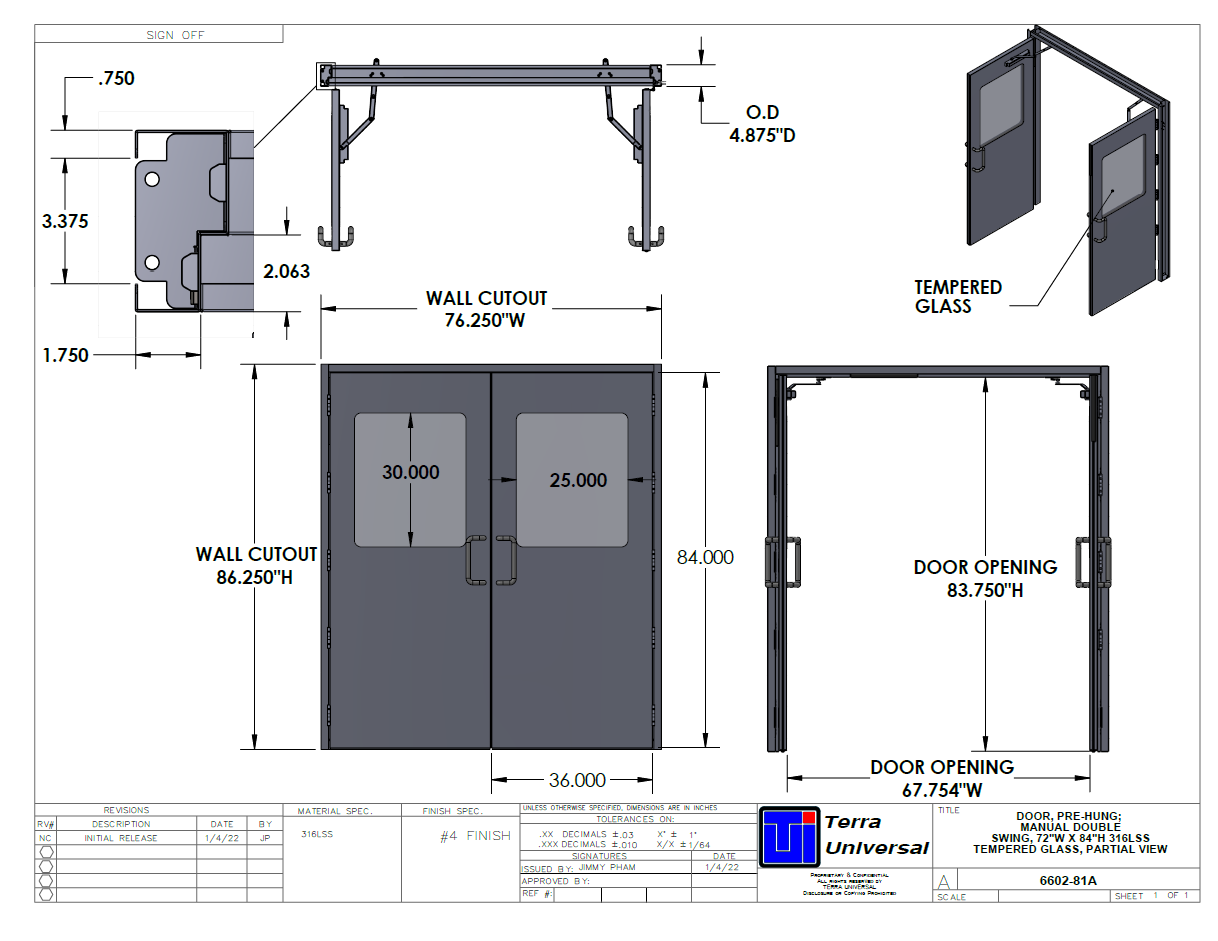 Doors, Pre-Hung; Manual, BioSafe®, CleanSeam™ 316L Stainless Steel, Half Window - x6 Single, x2 Double, x1 Window