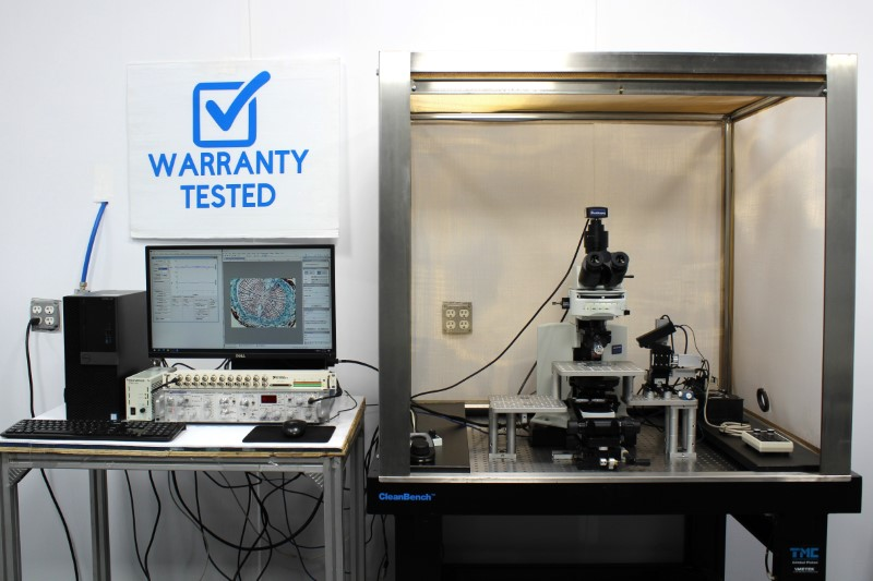 Olympus Electrophysiology Rig LED Fluorescence Microscope BX51WI w/ CV203BU Headstage, AxoPatch 200B Patch Clamp, TMC Antivibration Table, Faraday Cage Pred BX53