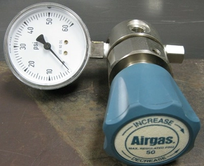 AIRGAS REGULATOR, Y11-241B, BAJ, MAX REGULATED PRESSURE 50 PSI, GAUGE 0-60 PSI, MAX INLET PRESSURE 1