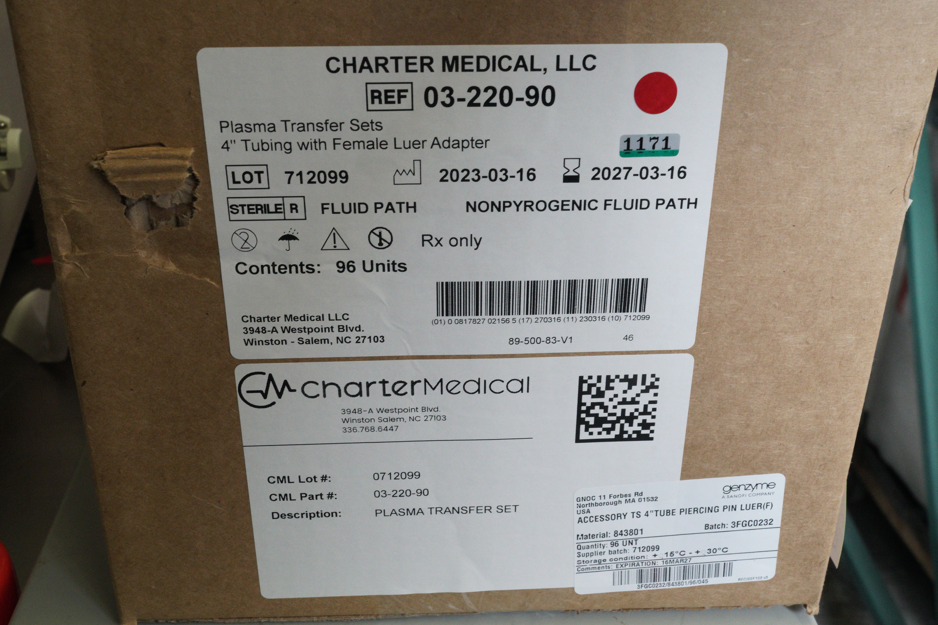 Charter Medical 03-220-90 4’’ tubing w piercing pin, syringe adapter female Luer Case of 96