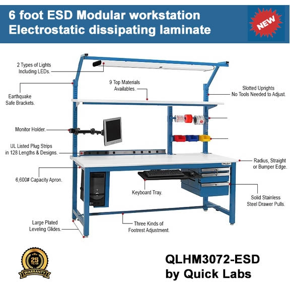 ESD heavy duty modular lab bench 6 foot | Quick Labs QLHM3072-ESD (30"D x 72"L x 36"H) (NEW)