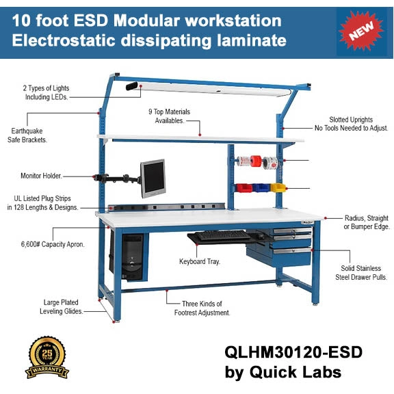 ESD heavy duty modular lab bench 10 foot | Quick Labs QLHM30120-ESD (30"D x 120"L x 36"H) (NEW)