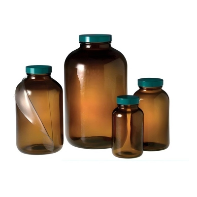 Qorpak 84oz (2500ml) Safety Coated Amber Wide Mouth with 70-400 Green Thermoset, 4/Cs GLC-02295