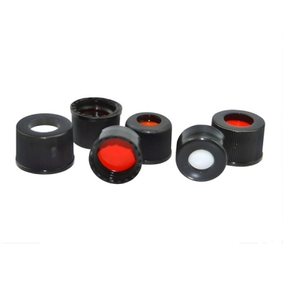 Qorpak 9mm Polypropylene R.A.M. Black Cap, Ribbed with PTFE/Silicone, 1000/Cs VC11204-122