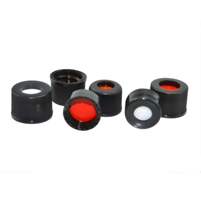 Qorpak 13-425 Black Polypropylene Hole Cap with Red PTFE/Silicone 0.065" Septa, 1000/Cs VC11331-121