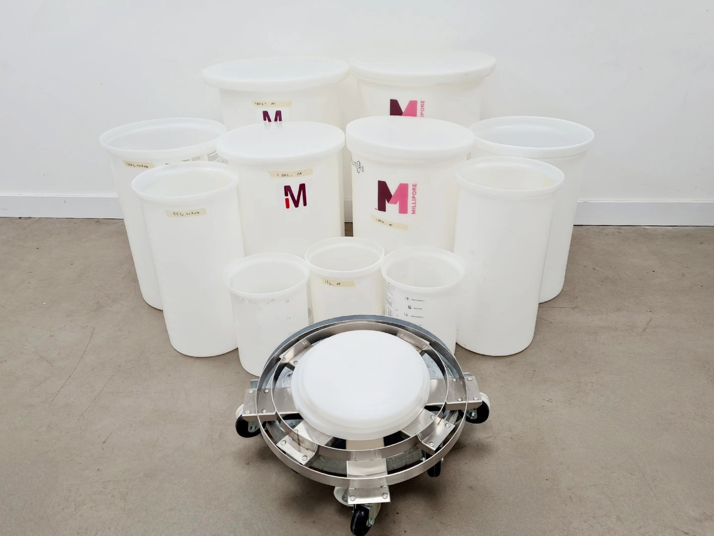 Assorted Millipore, Mobius &amp; Thermo Scientific Polythene Drums &amp; Trolleys