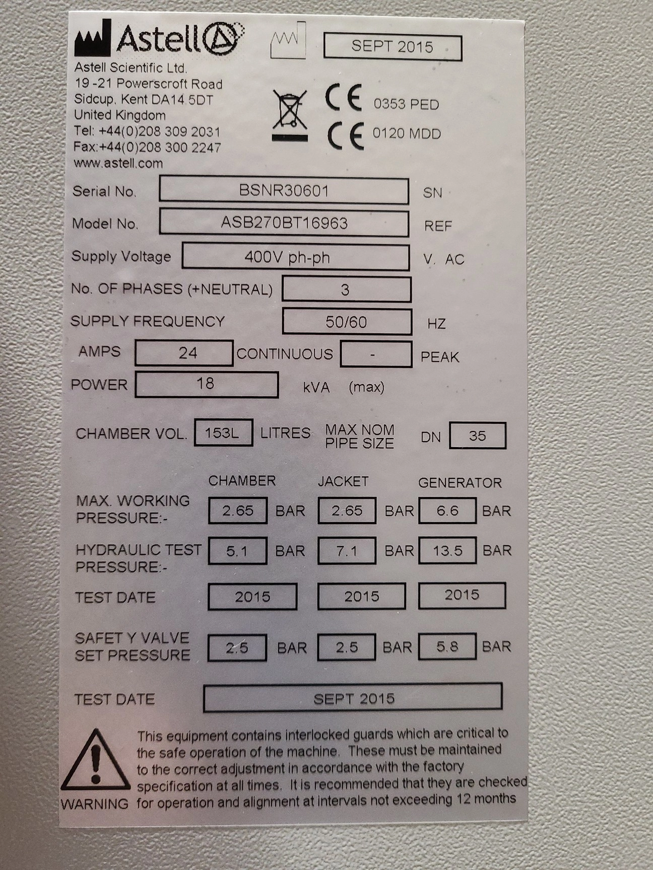 Astell ASB270BT16963 Autoclave Front Loading Floor Standing Autoclave Lab Faulty