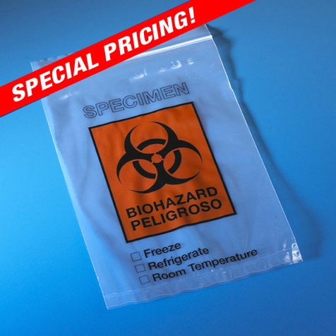 Bag, Biohazard Specimen Transport, 6" x 9", Ziplock with Document Pouch, 100/Pack, 10 Packs/Unit — Qty/Unit: 1000