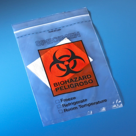 Bag, Biohazard Specimen Transport, 6" x 10", Ziplock with Score Line, Document Pouch and Absorbent Pad, 100/Pack, 5 Packs/Unit — Qty/Unit: 500