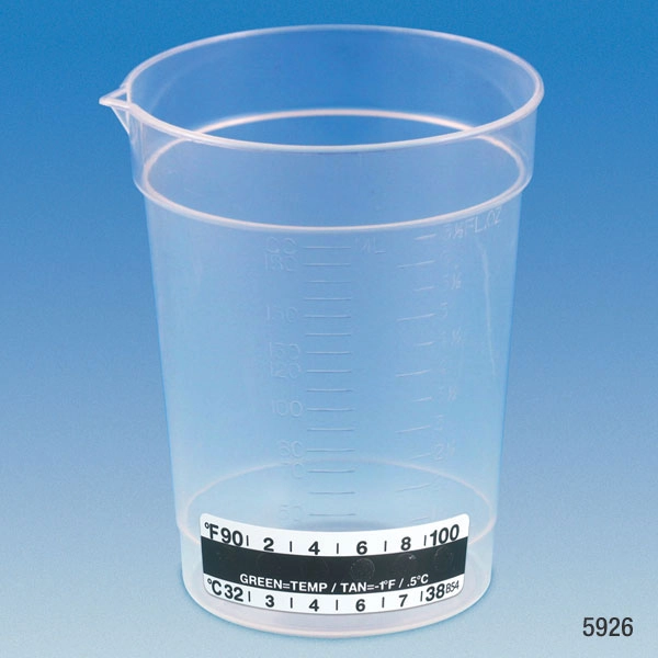 Specimen Container, 6.5oz, with Attached Thermometer Strip, Pour Spout, PP, Graduated — Qty/Unit: 500