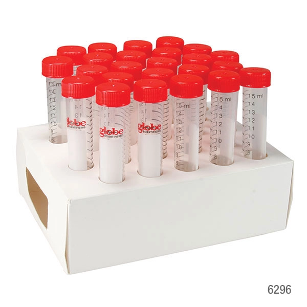 Diamond MAX Centrifuge Tube, 15mL, Attached Red Flat Top Screw Cap, PP, Printed Graduations, STERILE, Certified, 25/Cardboard Rack, 20 Racks/Unit — Qty/Unit: 500