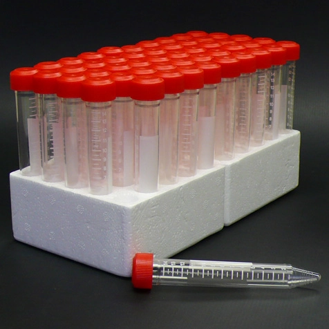 Centrifuge Tube, 15mL, Attached Red Screw Cap, PP, Printed Graduations, STERILE, 50/Rack, 10 Racks/Unit — Qty/Unit: 500