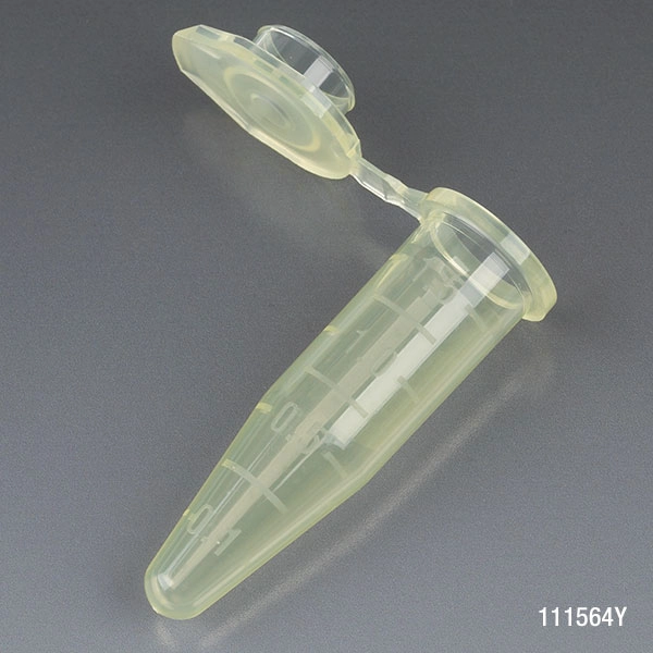 Microcentrifuge Tube, 1.5mL, PP, Attached Snap Cap, Graduated, Yellow, Certified: Rnase, Dnase and Pyrogen Free, 500/Stand Up Zip Lock Bag — Qty/Unit: 500